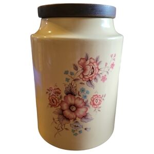 Vtg 60s Nyalyn Canister Cookie Jar Spring Flowers Sealing Wooden Lid Pottery